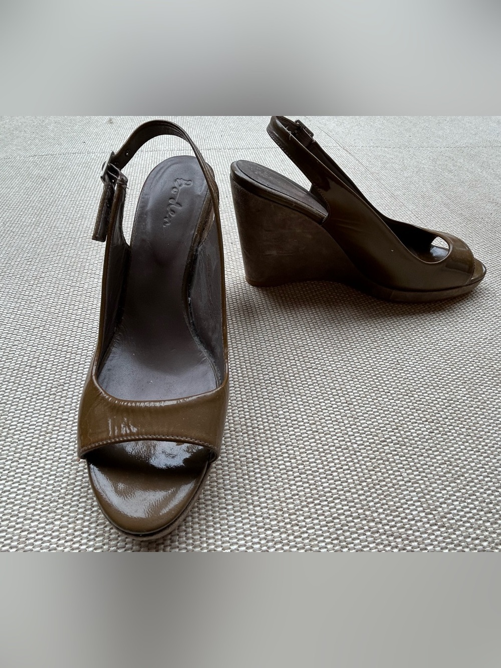 Boden Olive Patent Peep-Toe Wedge Slingbacks